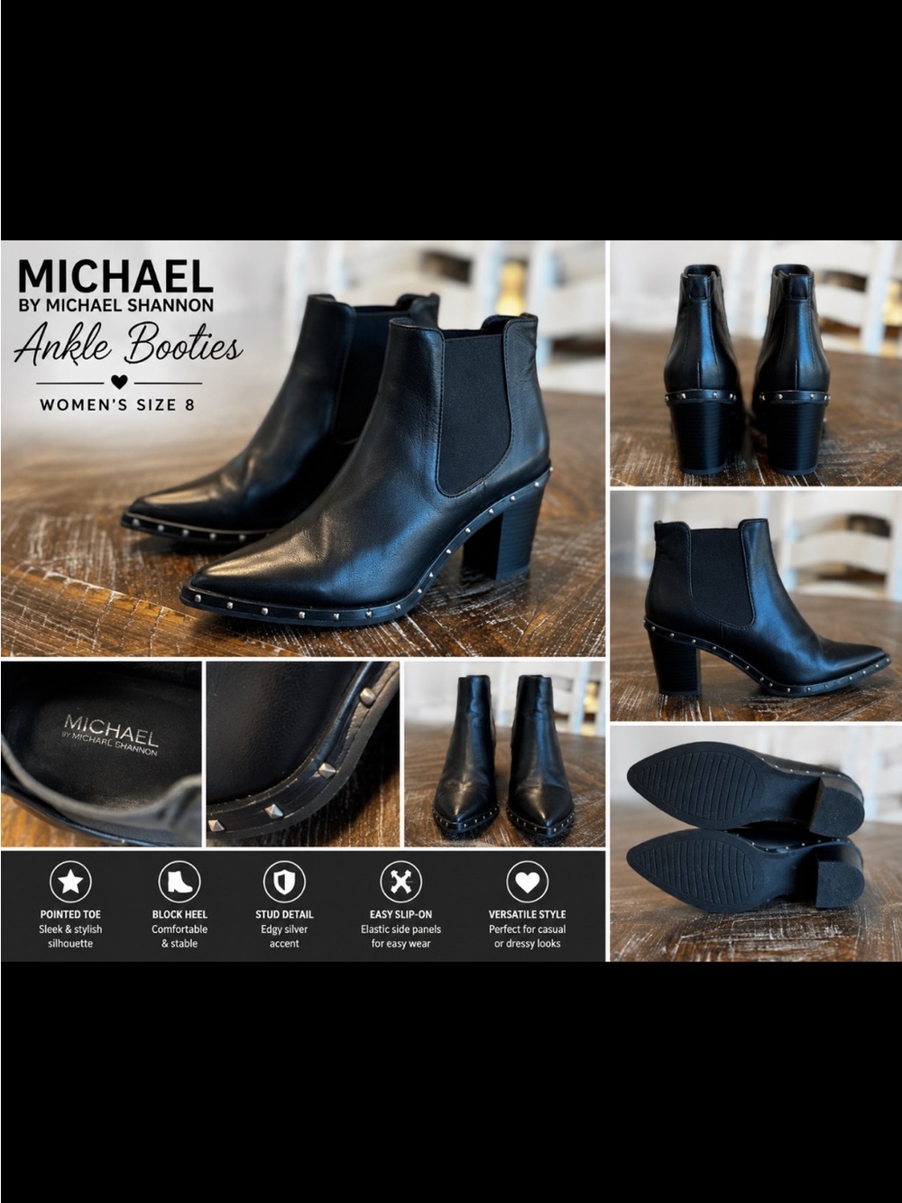 Michael Shannon Black Studded Leather Ankle Booties